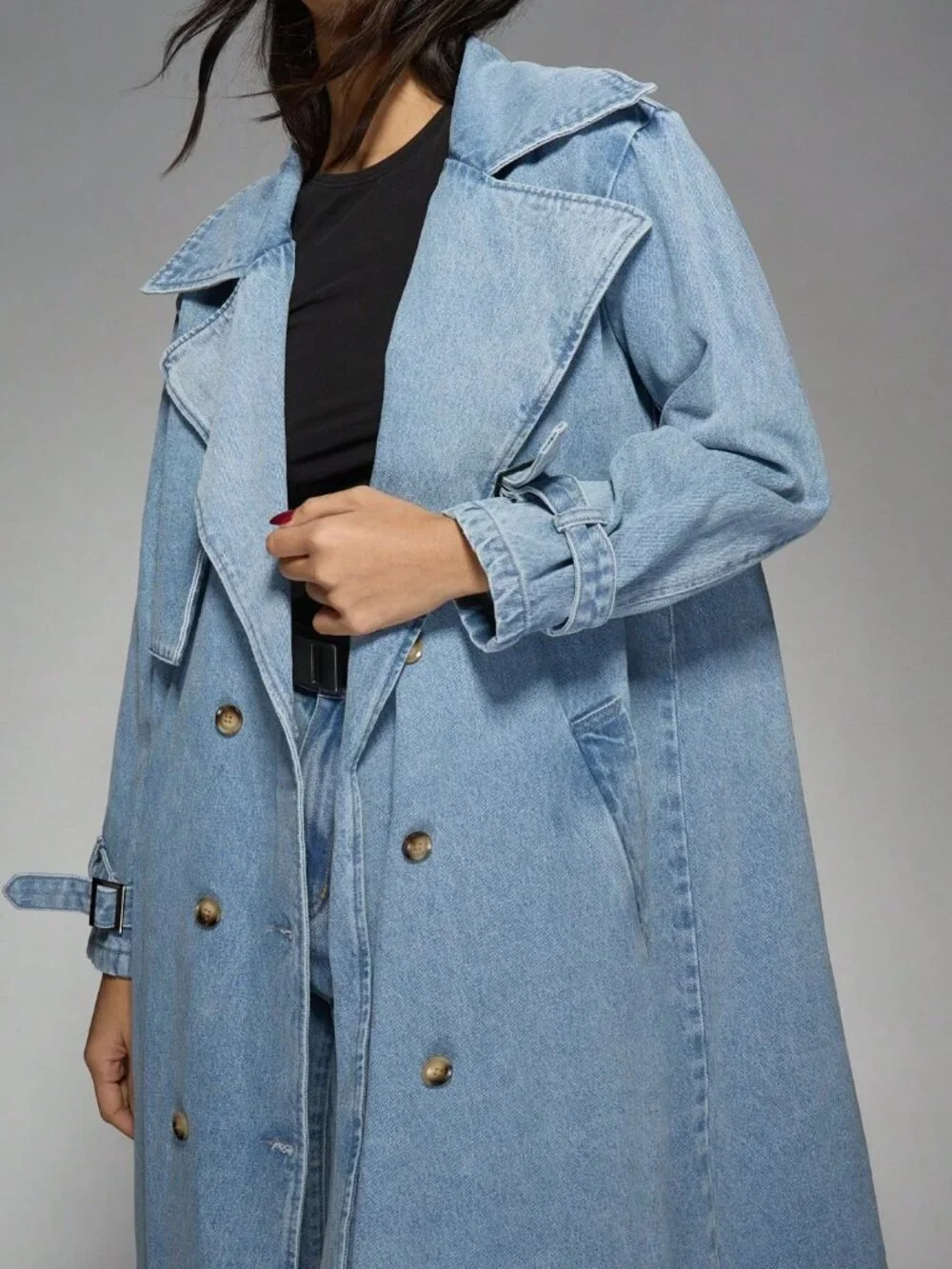 Light Wash Oversized Denim Women's Long Double Breasted Trench Coat - Picture 4 of 7